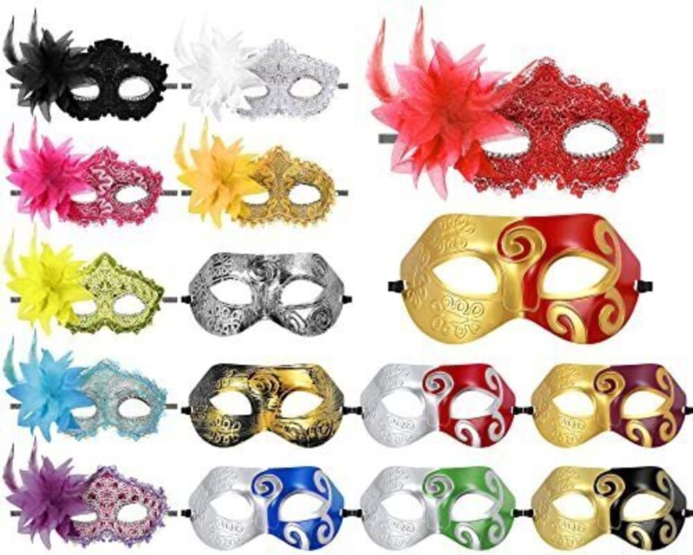 6120 16 Pcs Couple Masquerade Mask with Feather Flower Unisex Half Face